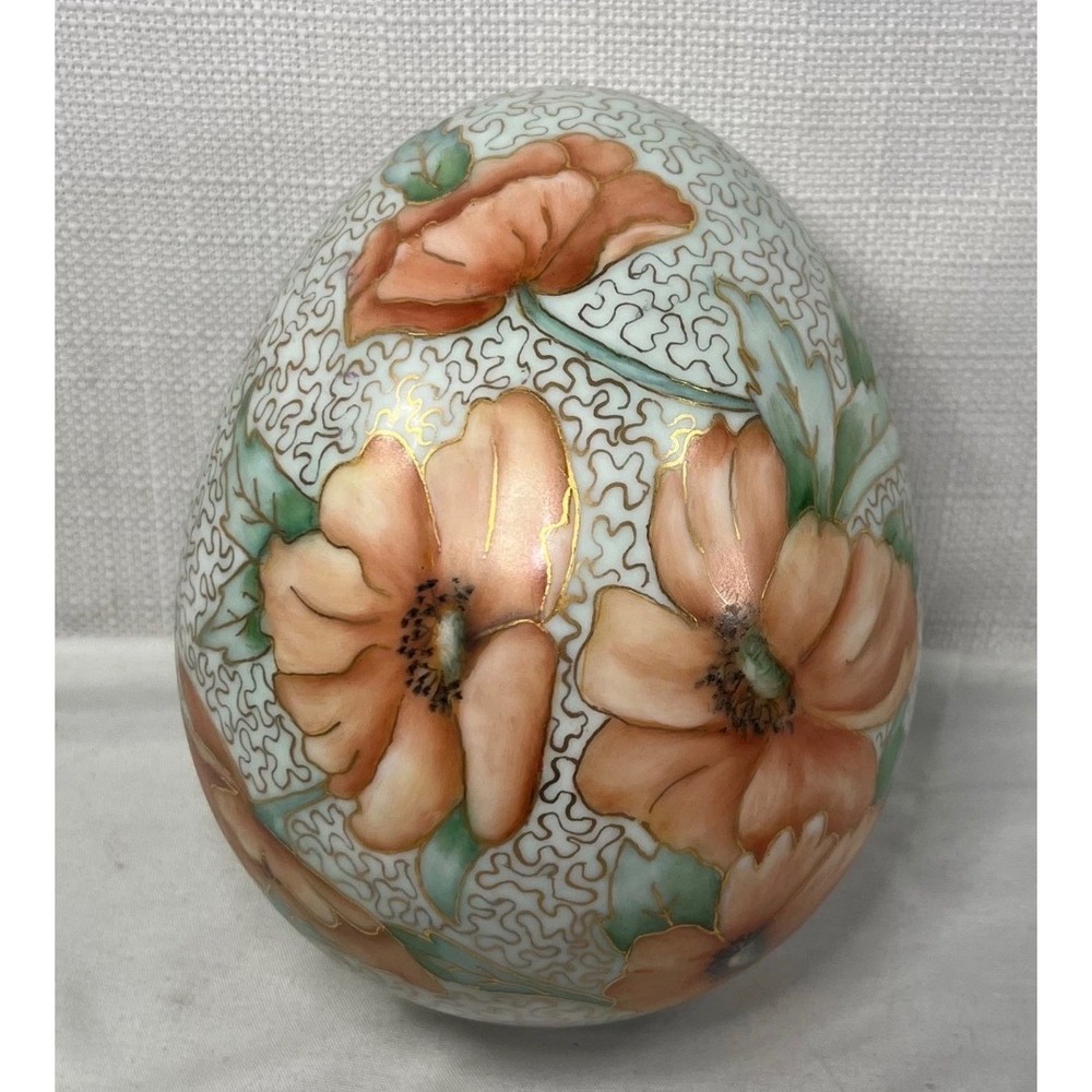 Ann Fogg Hand Painted Porcelain Egg Floral Poppy Gold Trim Signed Art Pottery